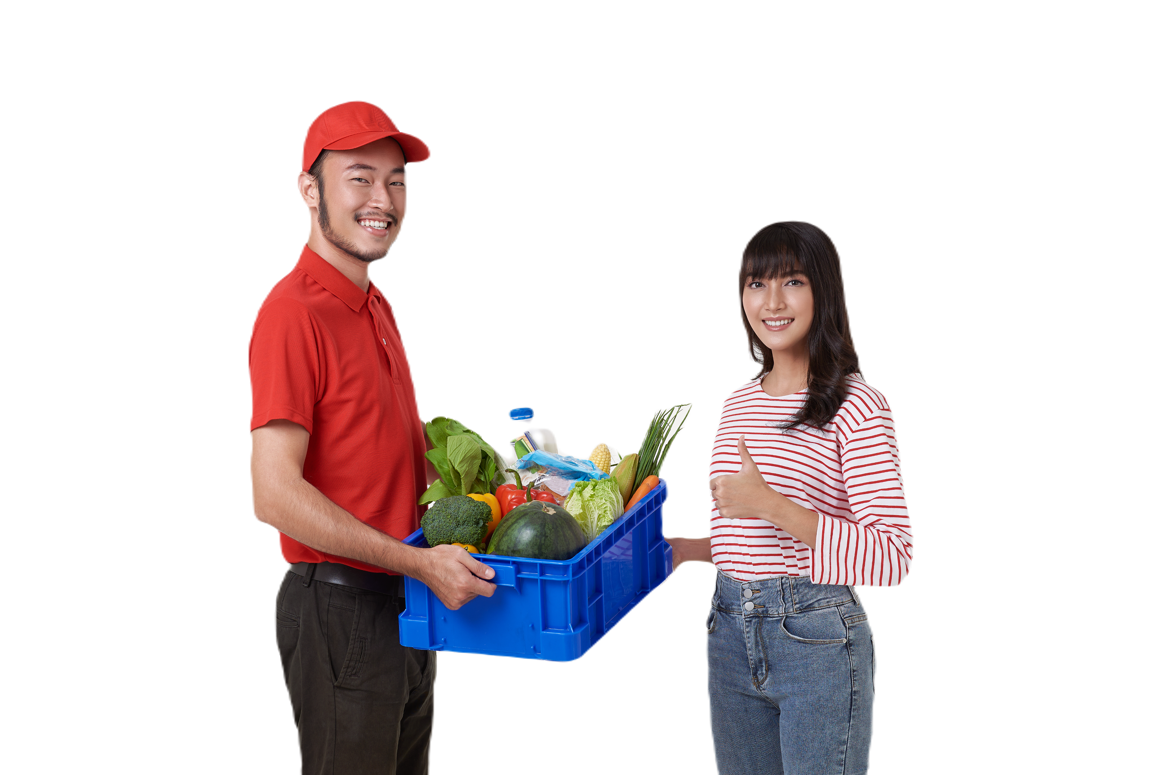 asian-delivery-courier-man-giving-food-groceries-box-woman-home-isolated-white-background